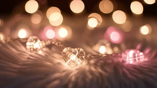 Heart Shaped String Lights on White Fur - A close-up shot reveals glowing heart-shaped string lights resting on a soft white surface.