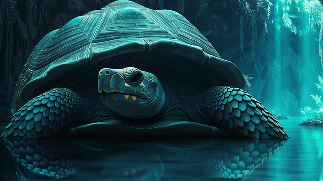 A turtle is laying in the water, surrounded by a dark cave. a mysterious and eerie mood, as the turtle appears to be in a strange and unfamiliar environment. a massive turtle resting in a glowing cave