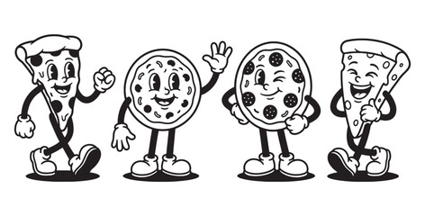 Vintage Cartoon Pizza, Dough, and Pizza Cutter Mascots
