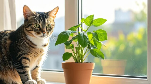 Adorable tabby cat sitting on a windowsill looking outside at green plants in warm golden hour sunset light, peaceful domestic pet lifestyle in cozy home interior atmosphere