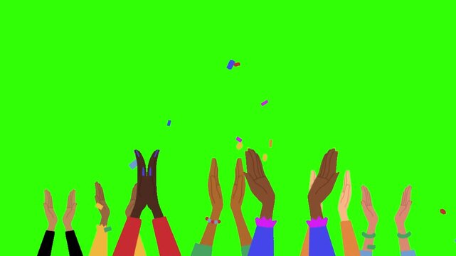 Diverse cartoon hands clapping with falling confetti on a green screen. Ideal for celebration, success, and applause overlays in video projects.