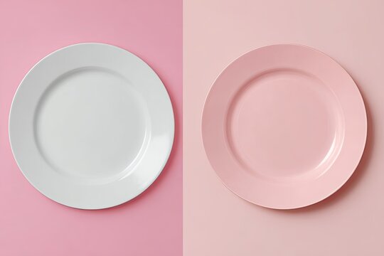 Two blank plates, one white, one pink, divided by a color split