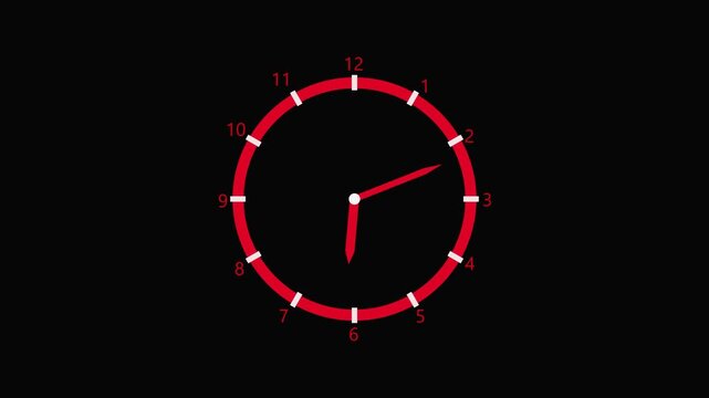 Red and white clock icon animation on a black background.

