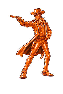 Orangefarbener Westernheld im langen Mantel ist bereit zum Duell / Cowboy Charakter