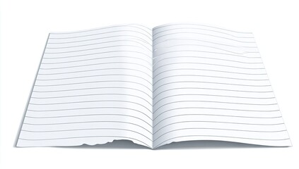 Open notebook with lined pages, slightly crumpled, casting a shadow on a white background