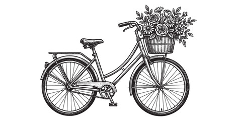 Obraz premium Vintage bicycle with flower basket and collection of tropical potted house plants in black and white ink drawing.