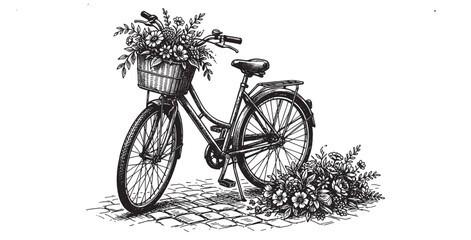Obraz premium Vintage bicycle with flower basket and collection of tropical potted house plants in black and white ink drawing.