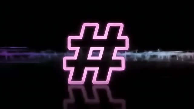 Neon hashtag symbol on a retro purple grid background with blurry futuristic elements