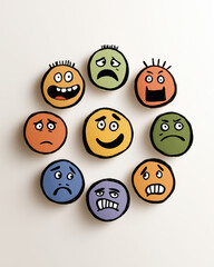 Obraz premium Emotions Display: A vibrant display of hand-crafted emoticons expresses a spectrum of emotions. A visual representation of human experiences, from joyous to somber. 