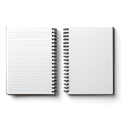 Open notebook with lined left page, blank right, wire binding, flat lay on white