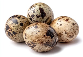 Fototapeta premium Four speckled bird eggs clustered together, on a white background, natural light