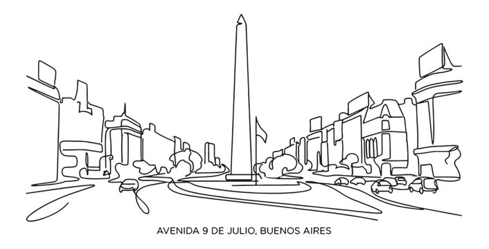 Continuous Line Art of Avenida 9 de Julio and Obelisco