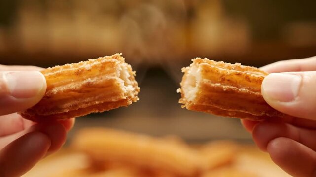 Hands breaking a fresh cinnamon sugar churro in half with steam
