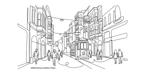 Obraz premium One Continuous Line Drawing of Istiklal Avenue Istanbul with Vintage Tram and Pedestrians