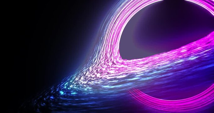 Futuristic neon black hole with purple and blue glowing accretion disk in deep space.