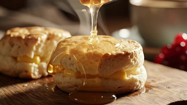 Honey Dripping on a Biscuit - A warm, split biscuit sits on a wooden board, with honey being poured on top. The video evokes feelings of a cozy breakfast or brunch.