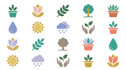 Set of Nature and Environment Icons with Plants, Trees, Weather Elements