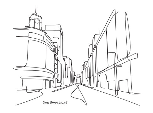 Ginza Tokyo Japan modern city intersection with luxury retail buildings in a minimalist single line drawing style.