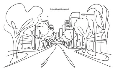 Continuous line drawing of Singapore's Orchard Road streetscape featuring trees and modern buildings. © trianatio