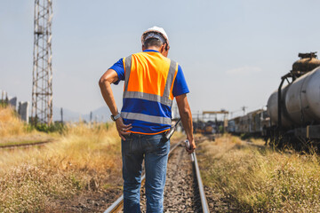 Back view of professional engineer working on railway transport infrastructure development project, Railway engineer walking on tracks for routine maintenance and safety inspection