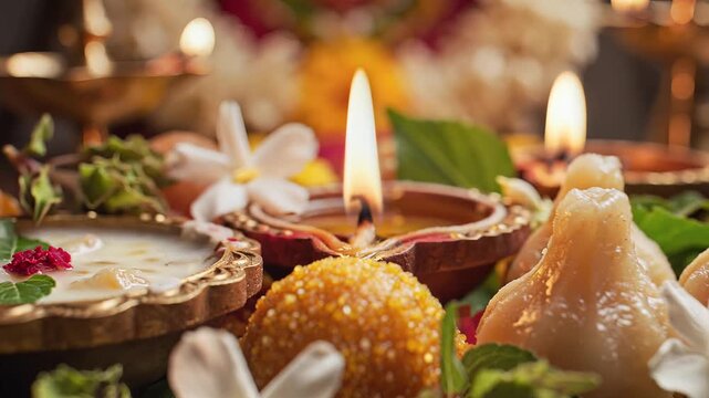 Chhath puja offerings with traditional sweets and lit diyas