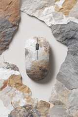 A computer mouse with a stone-like pattern, surrounded by rough rock pieces