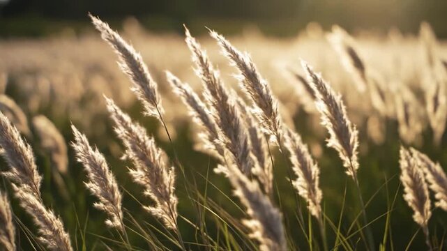 Golden light illuminates a field of tall feathery grass at sunset, creating