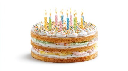 Layered birthday cake with lit candles against a white backdrop