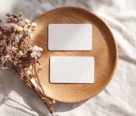 Two blank white cards on wooden plate with dried flowers