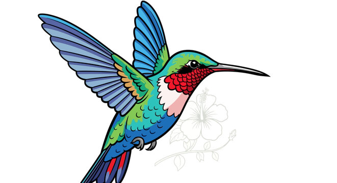 Cute cartoon illustration of an exotic bird of paradise and a tropical parrot with colorful feathers perched on a wild nature branch near a flower