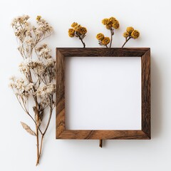 A rustic wooden frame adorns a white surface, accented by dried wildflowers