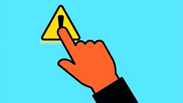 Cartoon image of an orange hand with a black suit pressing a yellow warning symbol