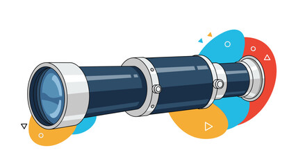 Modern blue and silver astronomical telescope designed for stargazing shown with colorful abstract shapes in the background.