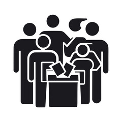 Minimal black vector illustration of a group of people participating in an election, featuring multiple human silhouettes gathered around a ballot box. One person is placing a ballot paper into the