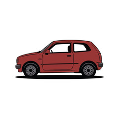 A stylized illustration of a classic red hatchback car is shown in profile.