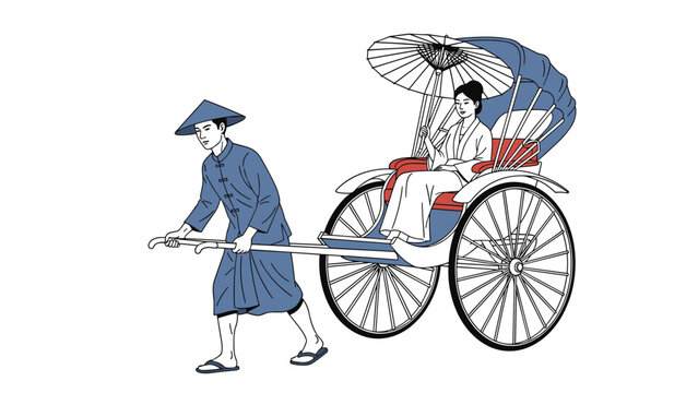 Traditional rickshaw puller wearing a conical hat transporting a woman with an umbrella in a blue carriage.