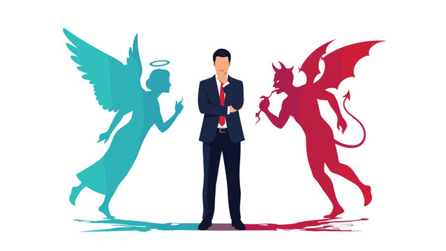 Businessman standing between a blue angel and a red devil representing an ethical dilemma or internal conflict.