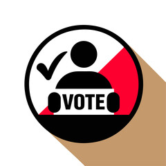 Minimal flat vector illustration of a voting concept icon, featuring a black silhouette of a person holding a ballot paper labeled &ldquo;VOTE,&rdquo; inside a bold circular frame. A checkmark symbol appears besi
