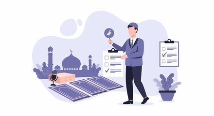 A man holding a magnifying glass inspecting a mosque and prayer rugs.