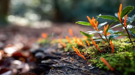 Close up of vibrant orange fungi and green moss on a decaying log