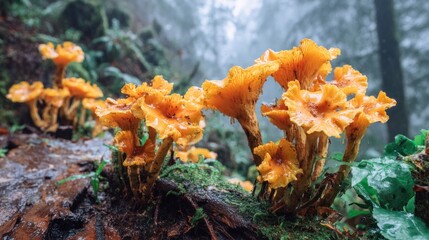 Vibrant orange mushrooms growing in a lush forest environment close up