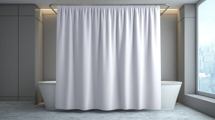 Modern bathroom interior with bathtub and white shower curtain design