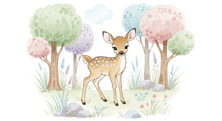 Fototapeta premium A cute cartoon fawn stands in a colorful forest with trees, rocks, and grass on a white background with pastel tones.