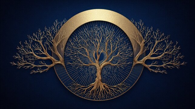 Elegant tree of life emblem with gold accents on blue background