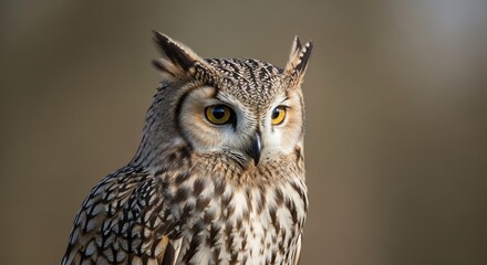 Close-up portrait of a vigilant owl with distinctive ear tufts and yellow eyes against a blurred brown background.