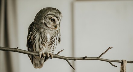 Close-up of a brown owl perched on a tree branch against a blurred white background with soft natural lighting.
