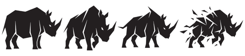 Sequence of four black rhino silhouettes showing progression from solid form to fragmentation. © Riki