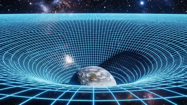 Gravitational field around Earth in space with grid distortion.