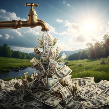 Money flowing from a faucet into a pile of cash in a serene natural setting