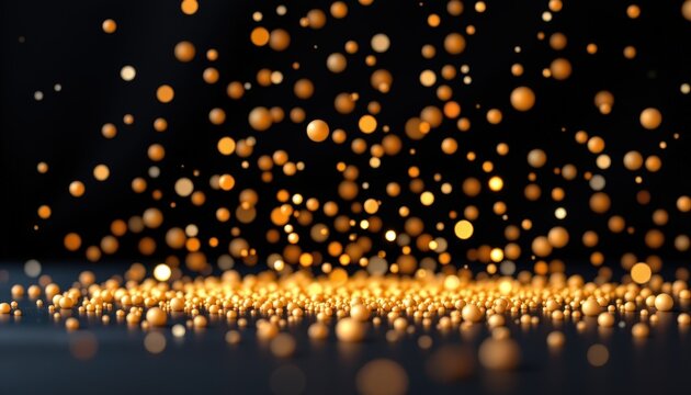 delicate gold particles shimmering in darkness, pure black studio scene, soft glow diffusion
